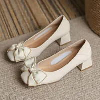 2024 Women 5cm High Heels Elegant Valentine Pumps Female Square Toe Block High Heels Lady Sweet Ribbon Bowknots Barefoot Shoes