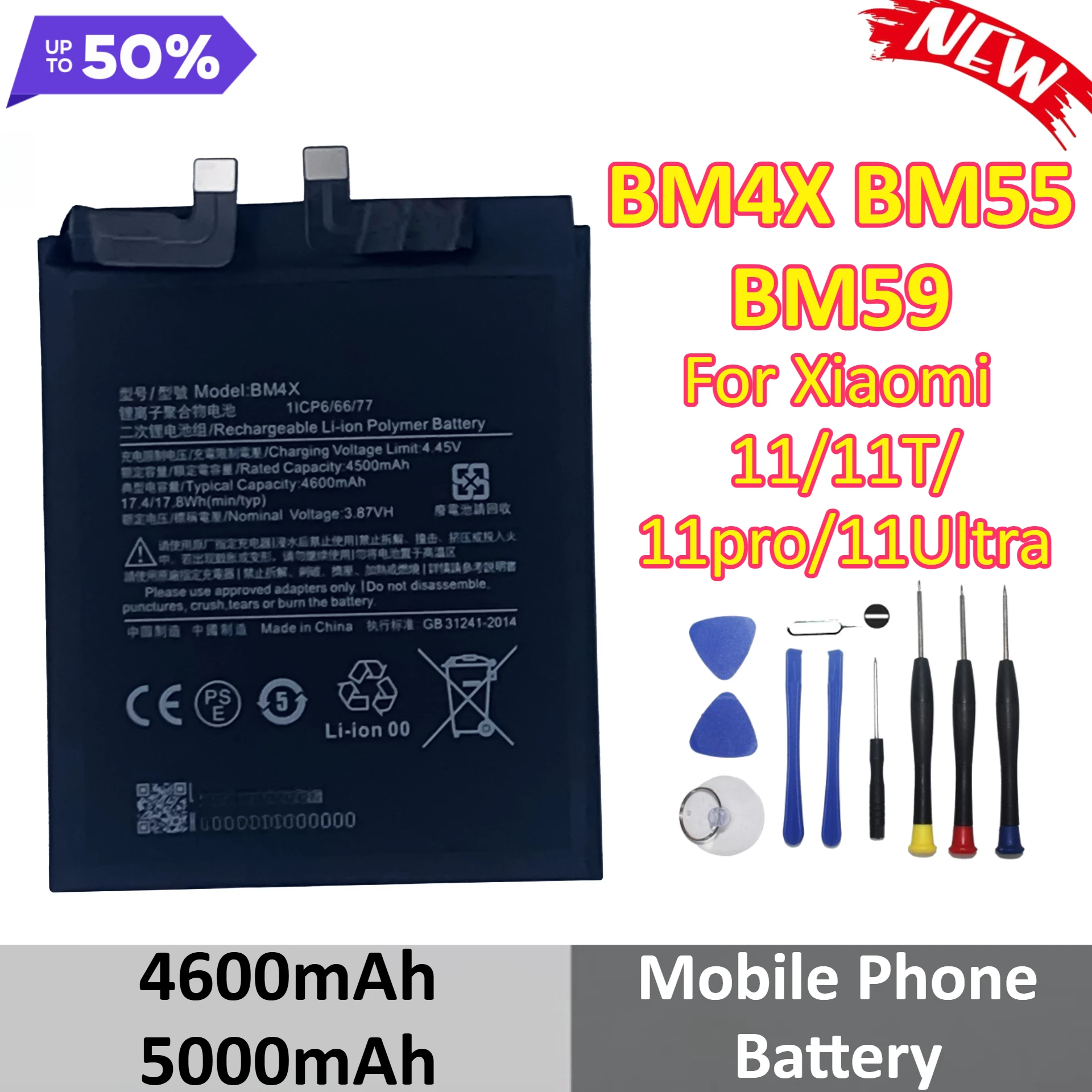 

4600mAh 5000mAh BM4X BM55 BM59 For Xiaomi 11/11T/11pro/11Ultra Mobile Phone Battery +Tools