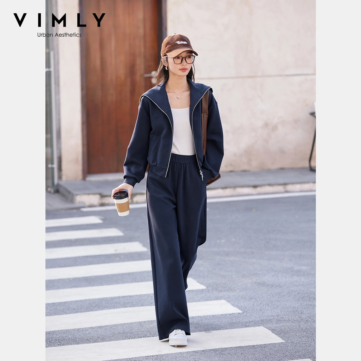 VIMLY Sailor Collar Zipper Sweatshirt Pant Set Women Outfits 2026 Autumn Casual Sports Navy Blue Two Piece Tracksuits A0659