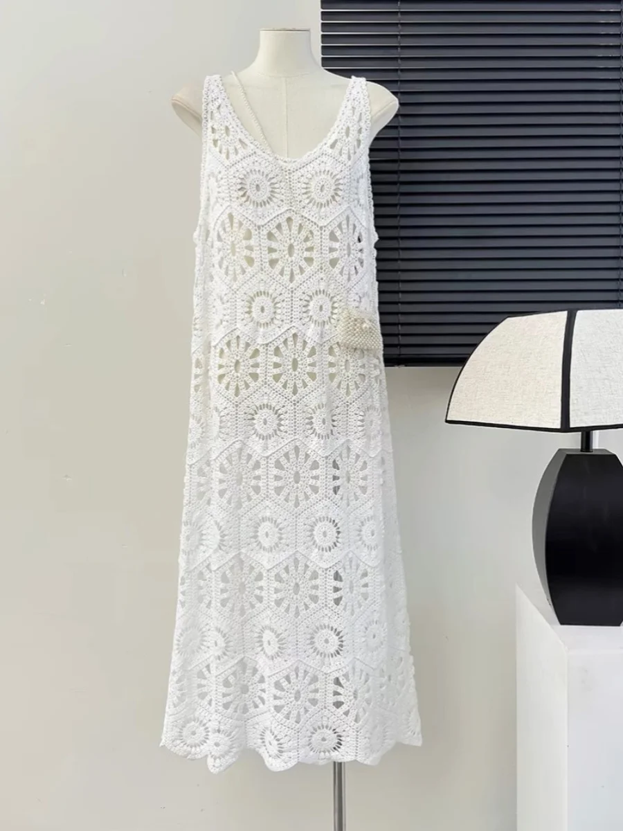 Vestido Vintage de Verão para Mulheres, Camadas em Estilo Floresta, Saia Longa em Tricô Oco, Sem Mangas, Vestido F de ...