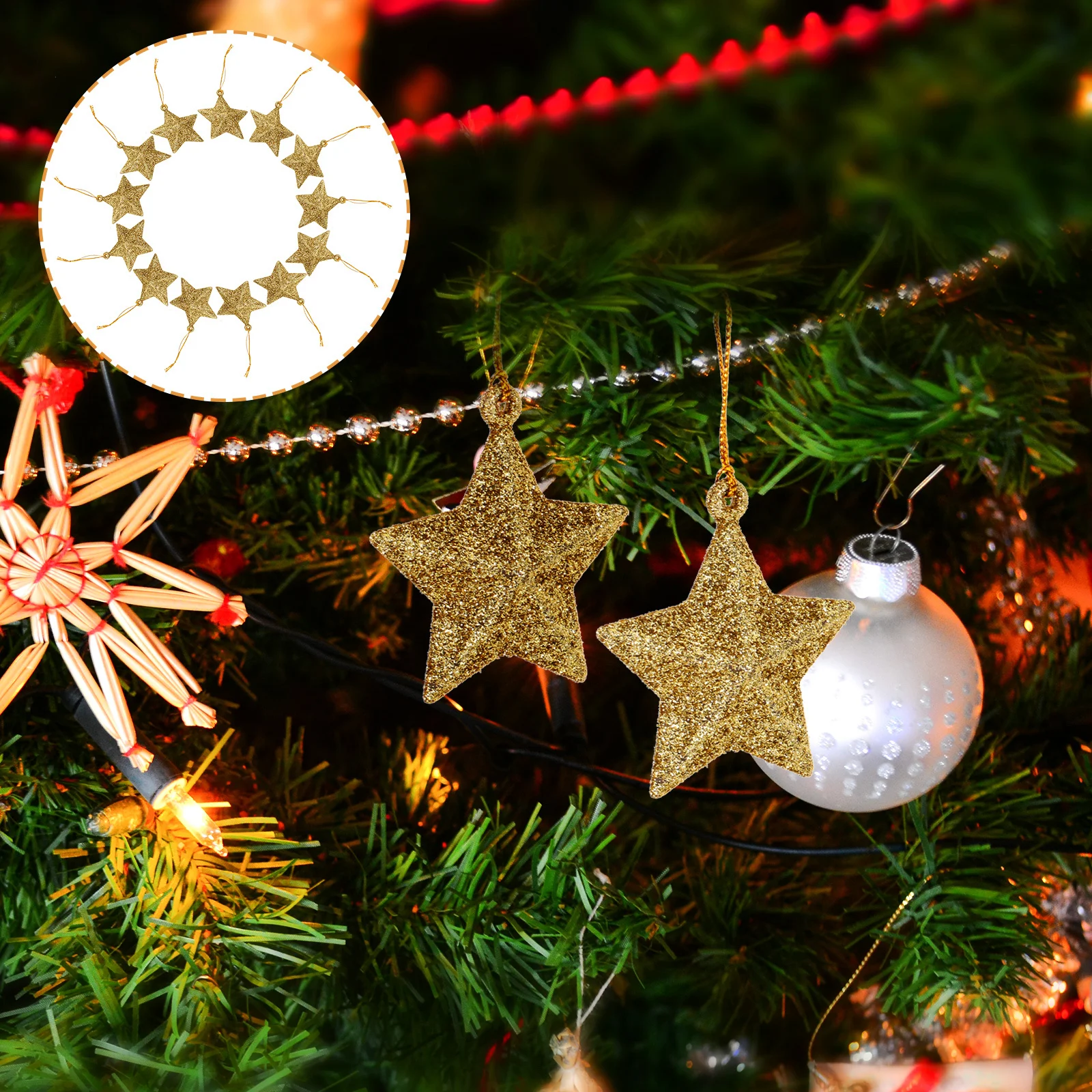 

24Pcs Festive Christmas Tree Decorations Star-Shaped Pendants for Xmas Party Hanging Ornaments Holiday Scene Layout Display