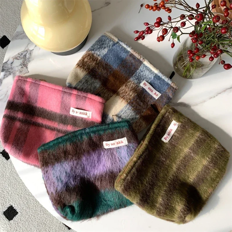 Vintage Plaid Women\'s Cosmetic Bag Makeup Case Retro Woolen Female Travel Storage Bags College Girls Clutch Purse Handbags