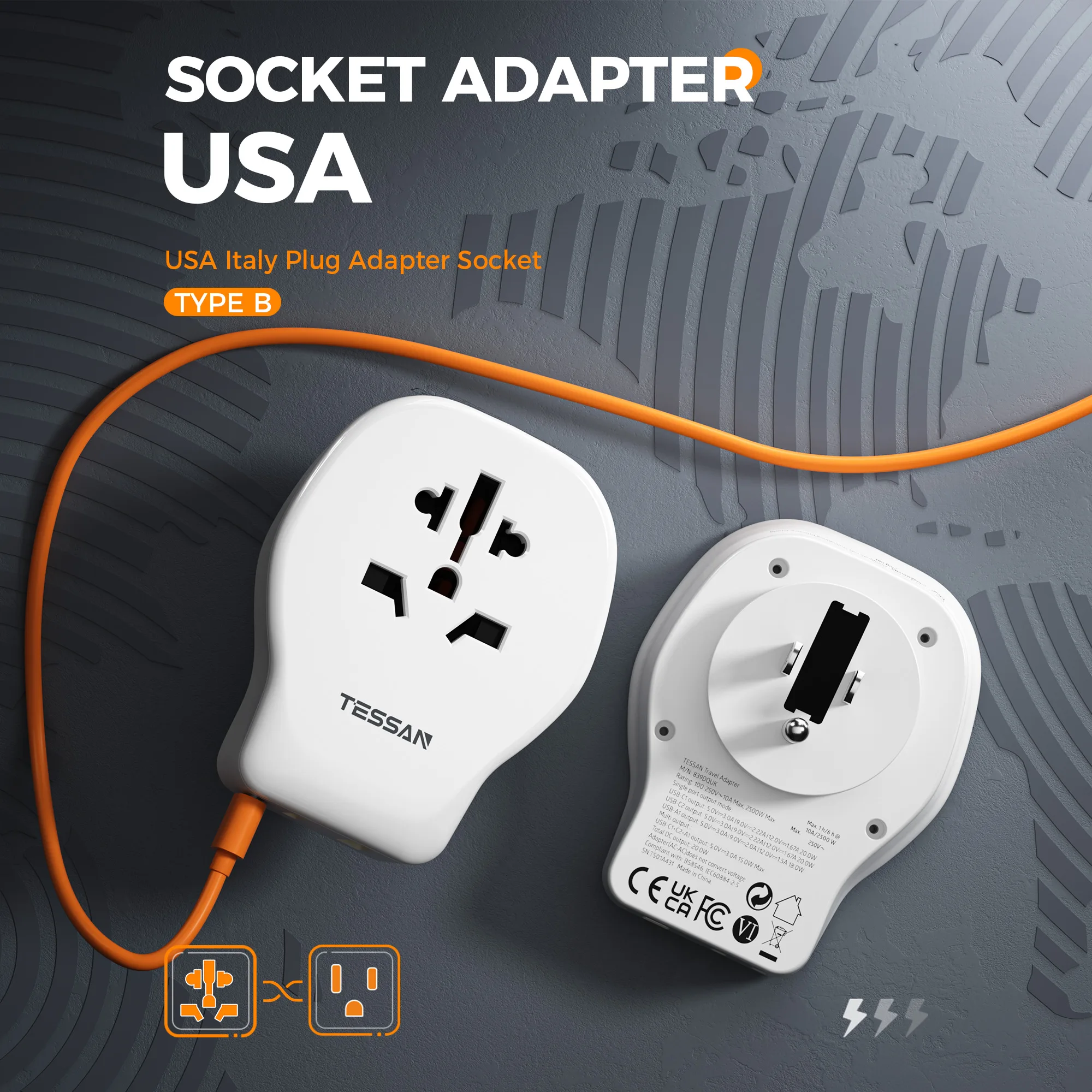 محول السفر الأمريكي من تيسان مع محول قابس حائط USB عالمي AC 3 لمقبس كهربائي من النوع C G B I A L لغرفة فندق السفر