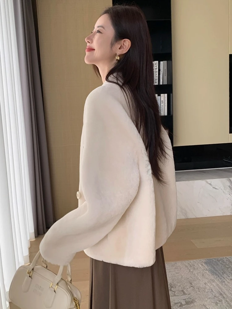 الراقية الفاخرة ميرينو الأغنام الفراء فروي الستر للنساء 2025 جديد بسيط الوقوف طوق قصيرة الشتاء جلد طبيعي معطف الفرو الحقيقي