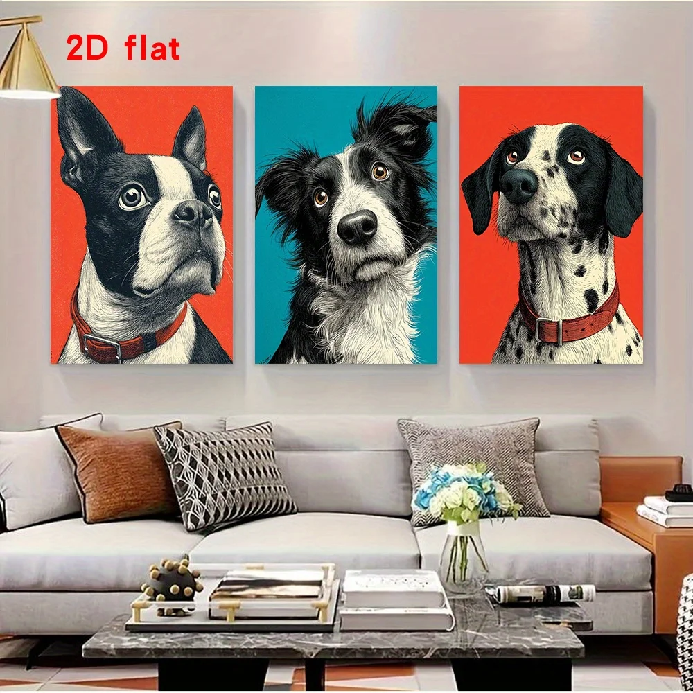 2D plano, avión 2D, 3 piezas, lienzo sin marco, arte de pared: pinturas modernas de perros con Boston Terrier, Border Collie y dálmata, vibrante