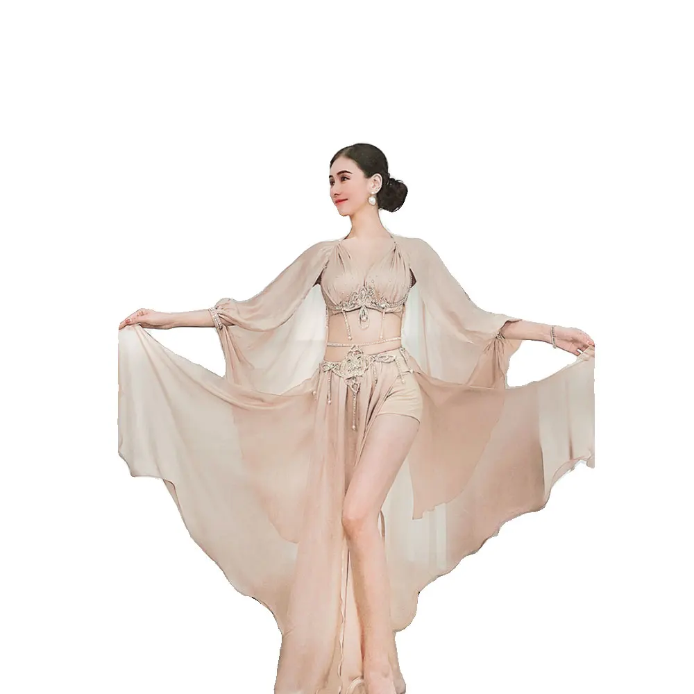 Belly Dance Competition Practice Women's High-end Diamond-encrusted Bra Long Dress suit Light Apricot Performance dress