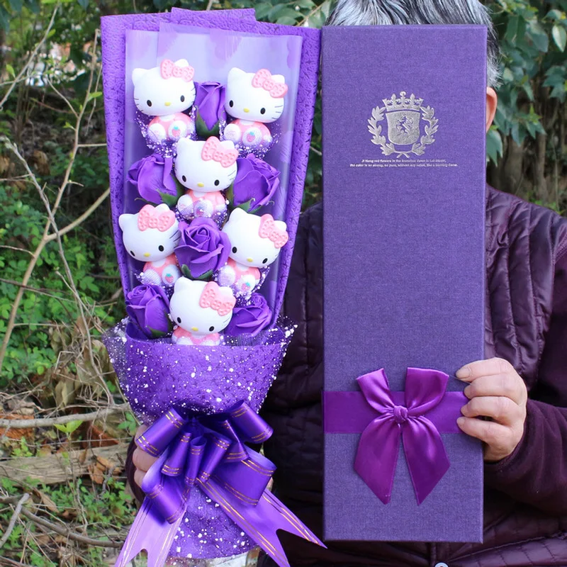 Ramo de Hello Kitty de Anime Sanrio, muñeco de peluche de 6 gatos, caja de regalo de flor de jabón Kawaii, flor de Rosa, dibujos animados, regalos para el Día de San Valentín