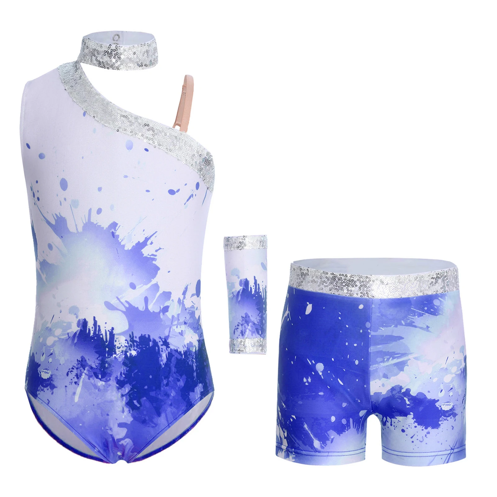 

Girls 3 Pieces Ballet Gymnastics Dance Costumes Shiny Sequin Decor Asymmetric Sleeveless Bodysuit+Shorts+Fingerless Glove Set