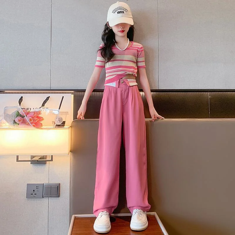 Girls Summer Casual Set Kids Spring Fashion Suits Children Striped T-Shirt+Wide Leg Pants 2Pcs 2024 New Teenager Trends Clothing