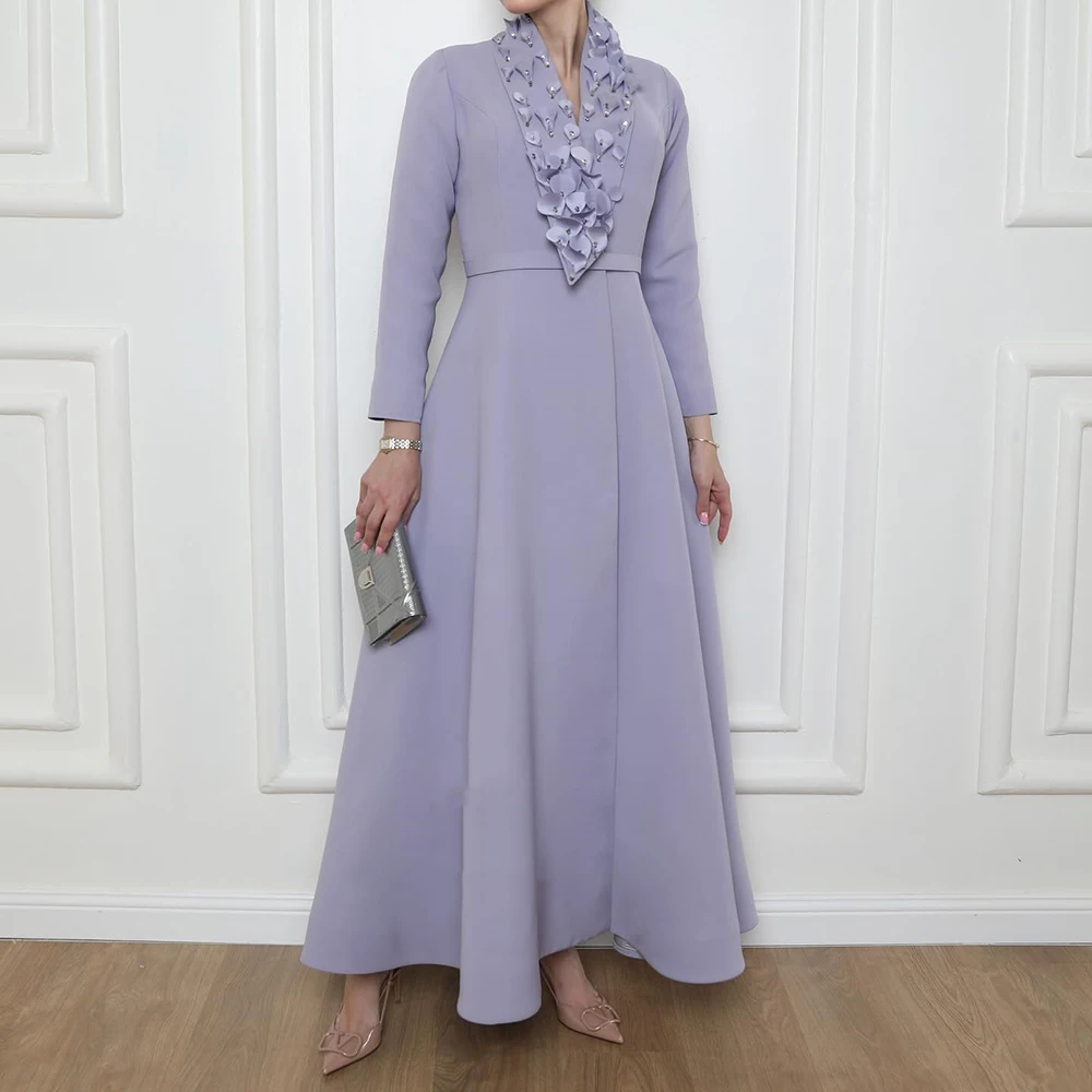 

Customized A-line Evening Dresses Ankle-length V-neck Full Sleeve Prom Gown Fashion Crystal Flowers Simple Draped Party Gown