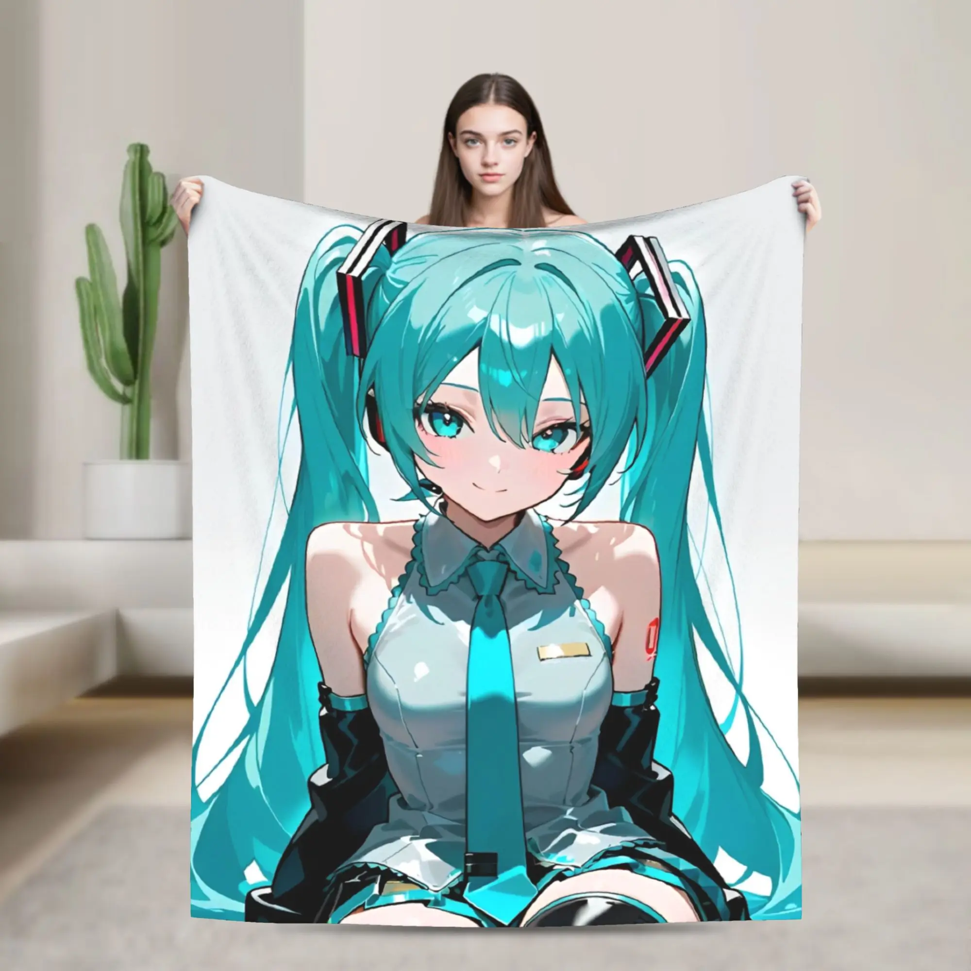 初音ミクのボーカロイドブランケット、アニメスタイルのフランネル、斬新で通気性のあるスローブランケット、椅子カバー、ソファ用、秋-冬