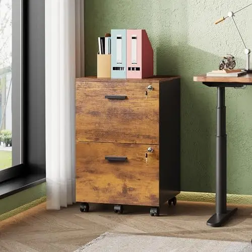 2 Drawer File Cabinet with Lock, Mobile Printer Stand, Rustic Brown | Under Desk Cabinet, Wood Filing Cabinet, Rolling