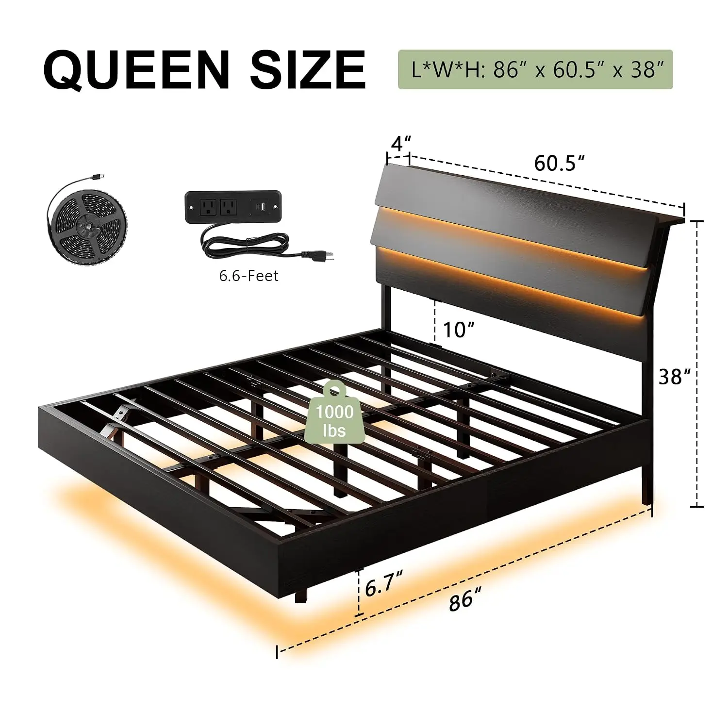 Floating Bed Frame Queen Size with Led Lights and Charging Station, Wood Queen Bed Frame with Storage Headboard,, Customized