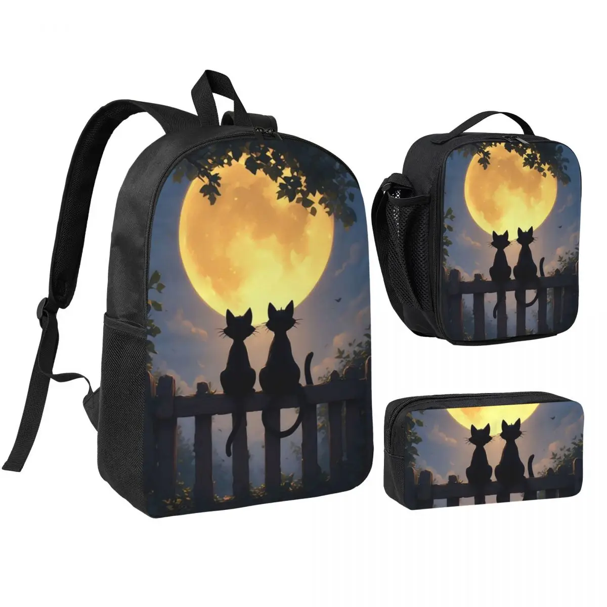 Cats Watching The Night View Of The Moon Backpack Kids BookBag School Bag Shoulder Bags 3ps Insulated Lunch Bag Pencil Case