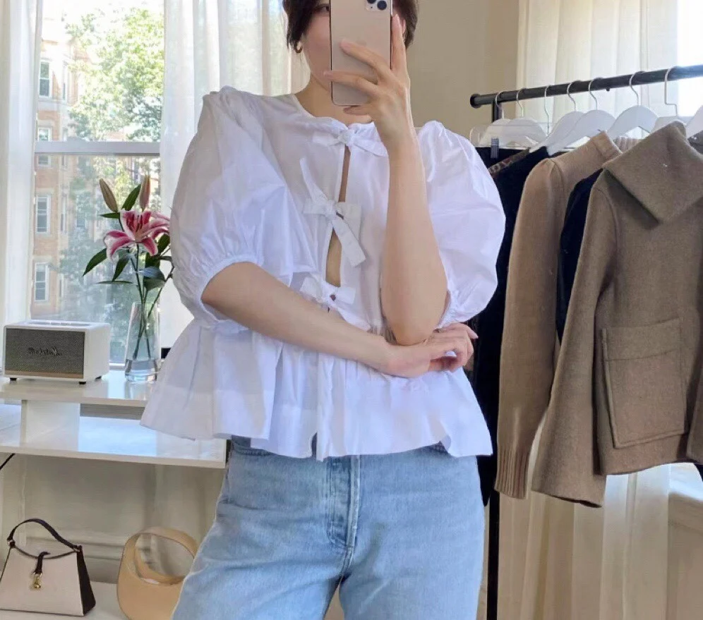 

Милая женская хлопковая блузка с пышными рукавами, завязками на талии и круглым вырезом, однотонная, для весны и лета, в повседневном стиле