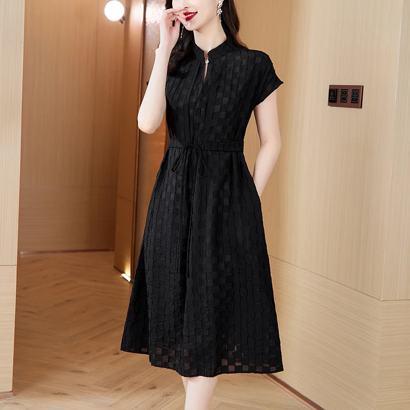 

2025 Summer black Chiffon Short Sleeve Midi Dress Spring Vintage Women Jacquard Dress Elegant Bodycon Party Evening Vestidos