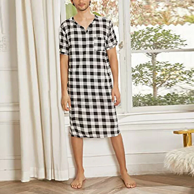 Casual Plaid Sleepwear Nightgown Men Pajamas Short Sleeve V-neck Casual Homewear One-piece Home Loose Bathrobe Sleep Robe S-3XL