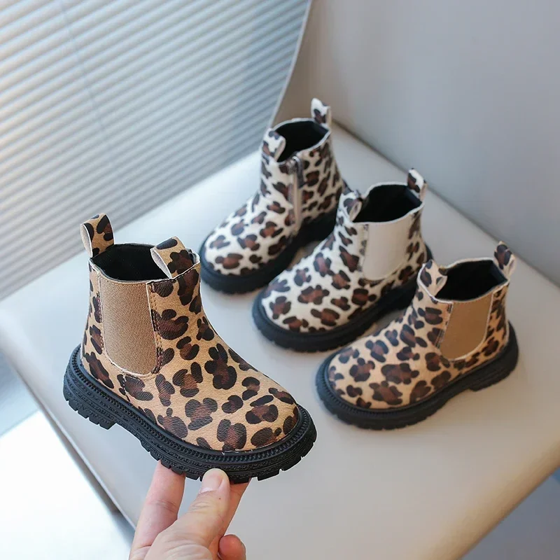 Boys Boots Fashion Classic Leopard Prints Little Kids Ankle Boots Side Zipper Classic Unisex Girls Rubber Boots Breathable Warm