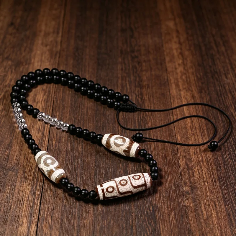 Tibetan Dzi Bead Agate Fire Offering Ru Kiln Dragon Pattern Nine-Eyed Full Circle Necklace Pendant Clavicle Chain, approximately