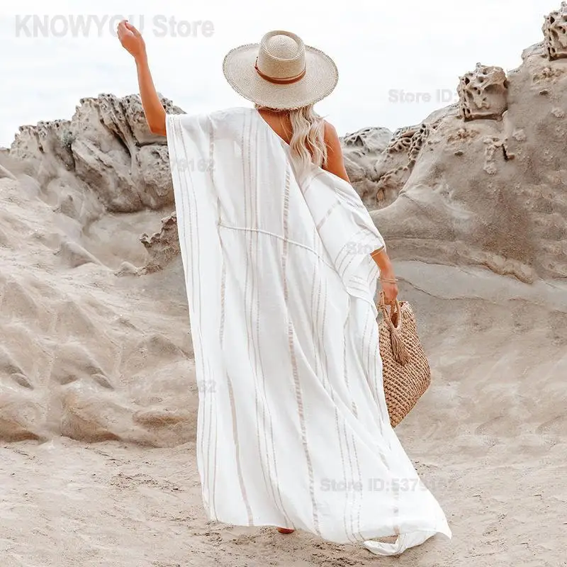 Women Irregular Stripe Open Front Cardigan Sun Protection Beach Cover Up Loose Vacation Outerwear Seaside Outer Beach Garment