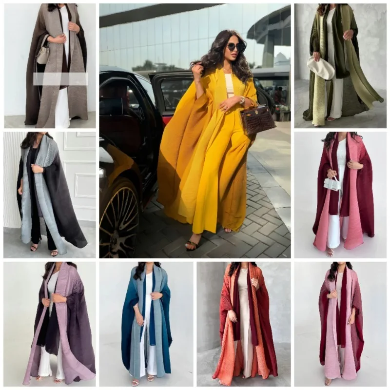 Abaya Luxury Robe Miyake Pleated Cardigan Plus Size Trench Coat Loose Elegant Scarf Neck Outer Poncho Modest Islamic Clothing