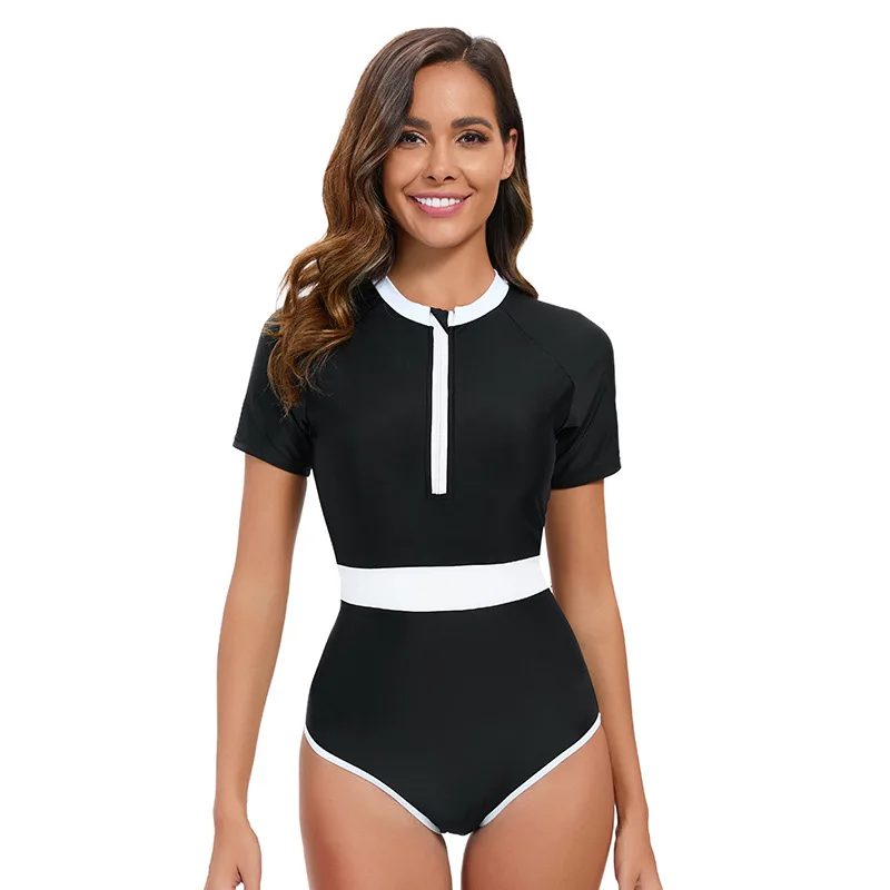 New Color-block Short Sleeve Swimwear, Women's European Sexy Tight Surf Suit Triangle Bathing Suit