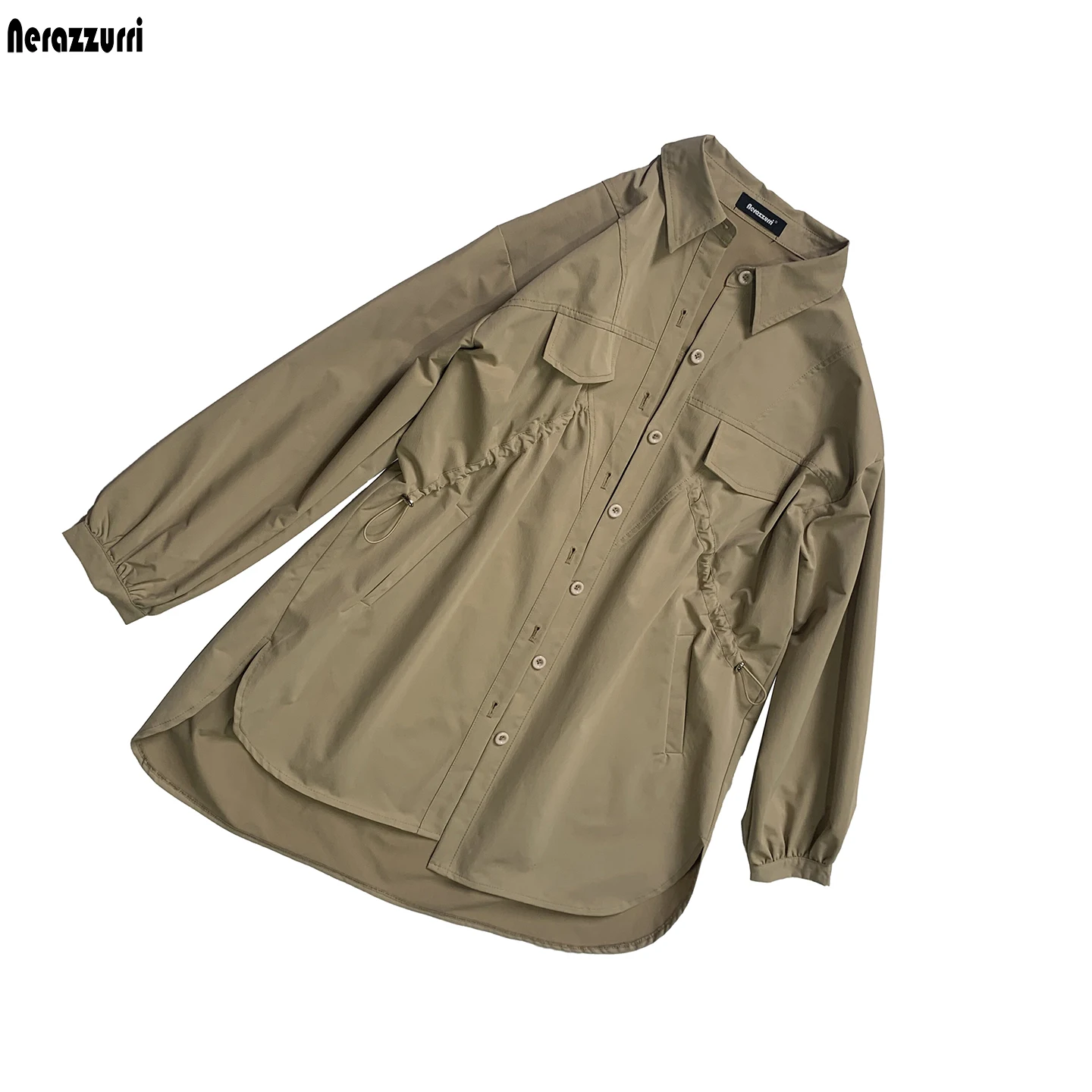 Mauroicardi Autumn Khaki Shirt Jacket Women Drawstring Waist Turn-Down Collar Luxury Elegant Chic Stylish Fashion 2026 Clothes