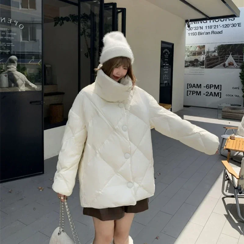 Women's Mid-length Jacket, Korean Winter Coat Diamond Lattice Outerwear Stand-up Collar Casual Puffer Down Jacket Female Fashion