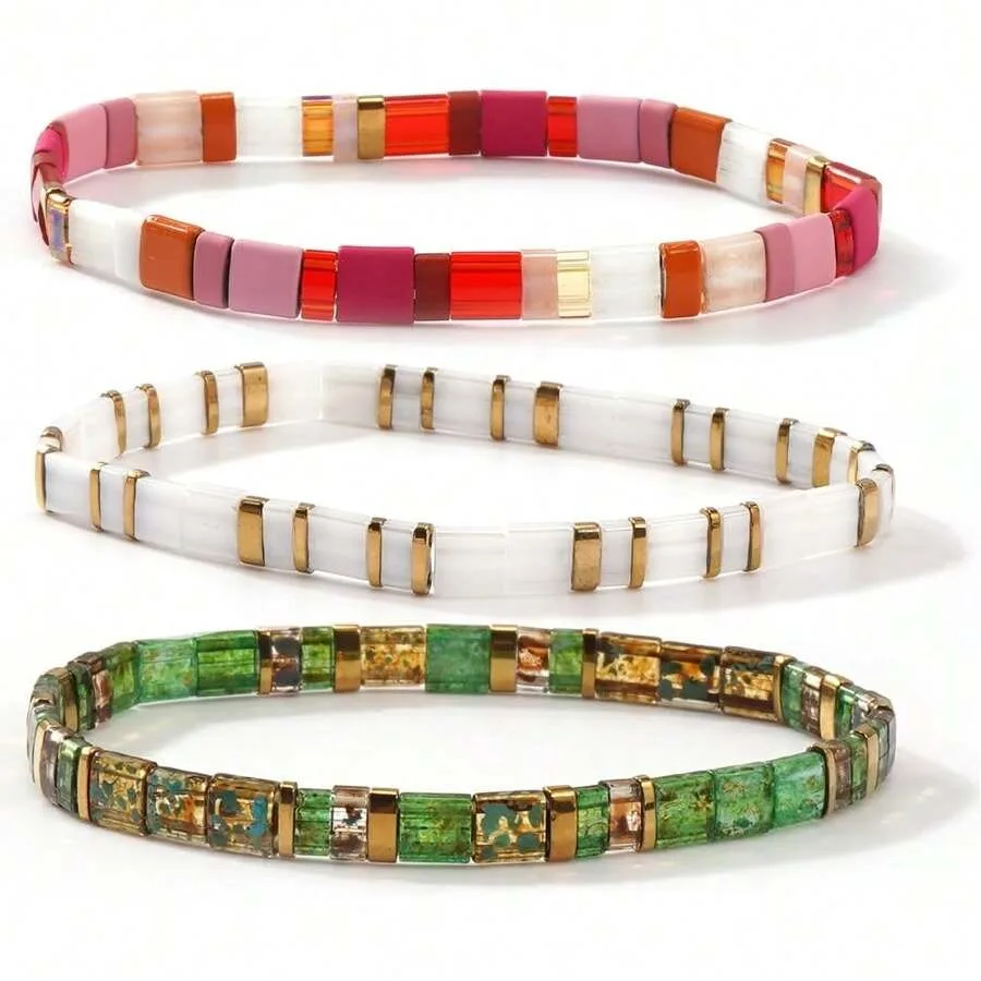 

3Pcs Stack Tila Flat Seed Beaded Bracelets Set For Women Men, Boho Romantic Handmade Healing Gold Colorful Square Stretch Acces