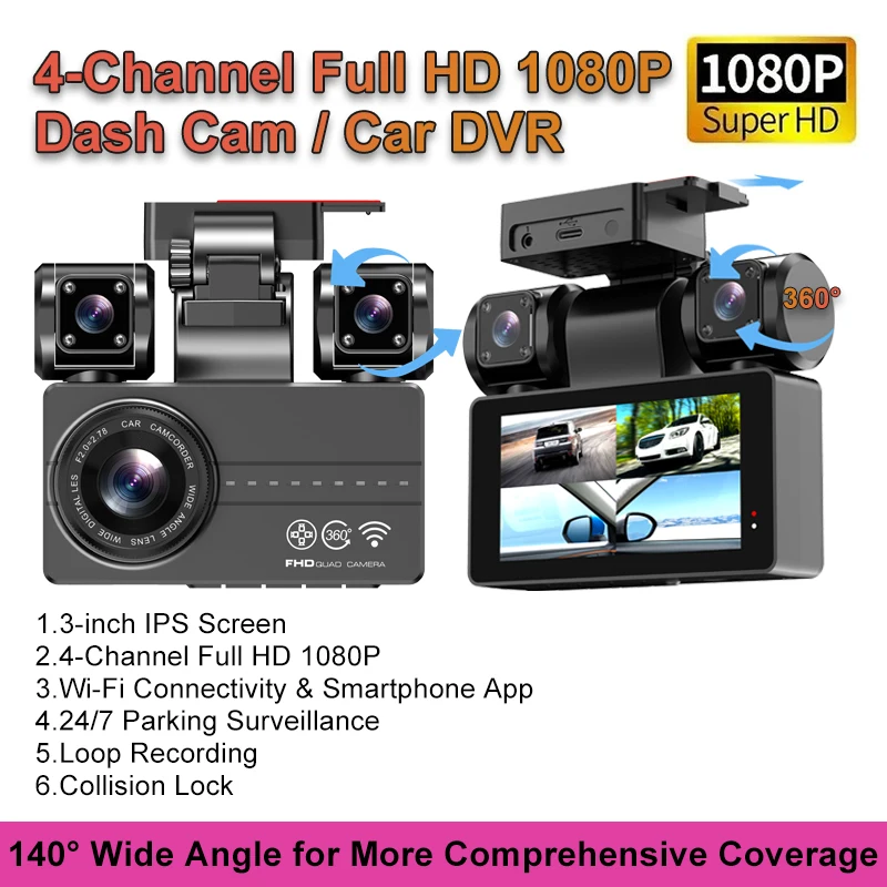 

4 Channel 1080P Car DVR Dash Cam 140 Degree Wide Angle Night Vision Built in WiFi GPS Loop Recording Navigation Video Recorder