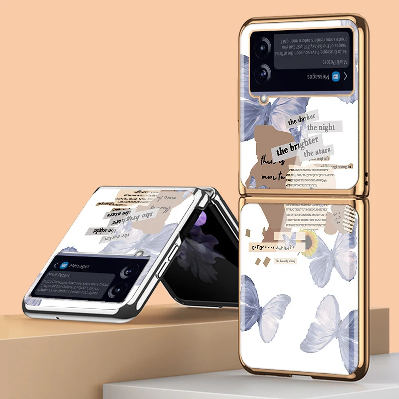 

Z Flip 4 Funda Case for Samsung Galaxy Z Flip 4 3 2 1 Purple Label Butterfly Tempered Glass Coque Protection Phone Case Cover