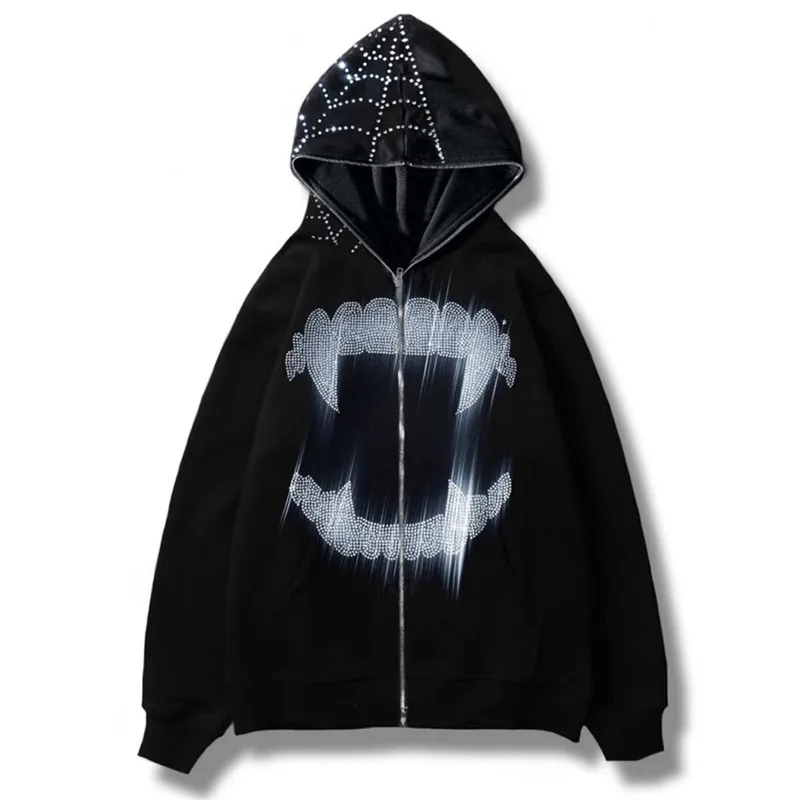 Grunge Full Zip Up Y2k Rhinestone Tooth Spider Web Pattern Hoodies Oversized Goth Hoodie Men's Harajuku Punk Sweatshirt Jacket ﻿