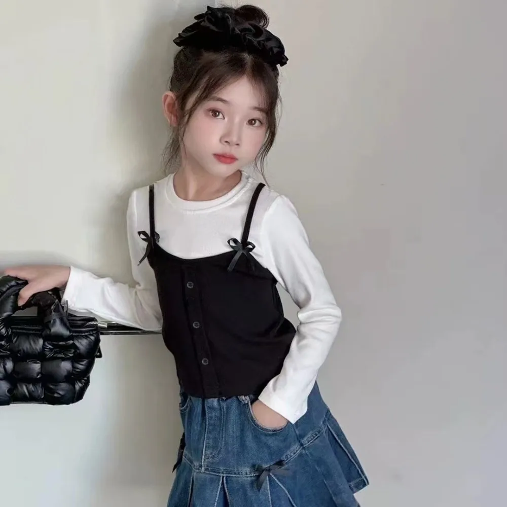 

Повседневная футболка принцессы с длинными рукавами и ложным верхом из двух частей в корейском стиле, элегантная базовая рубашка, повседневная одежда