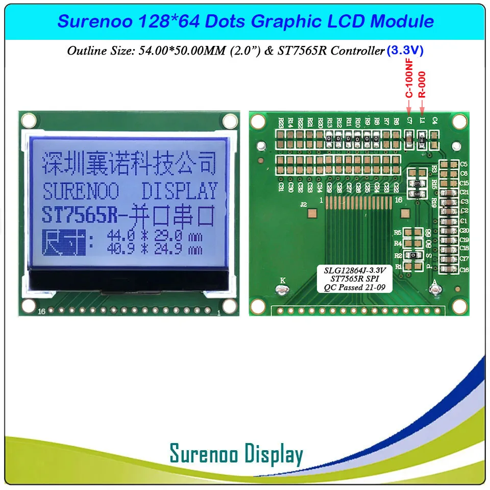 Surenoo 2.0 "54X50MM 12864 128X64 COG Grafische LCD Module Scherm LCM Ingebouwde ST7565P/R Ondersteuning Parallel / Seriële SPI