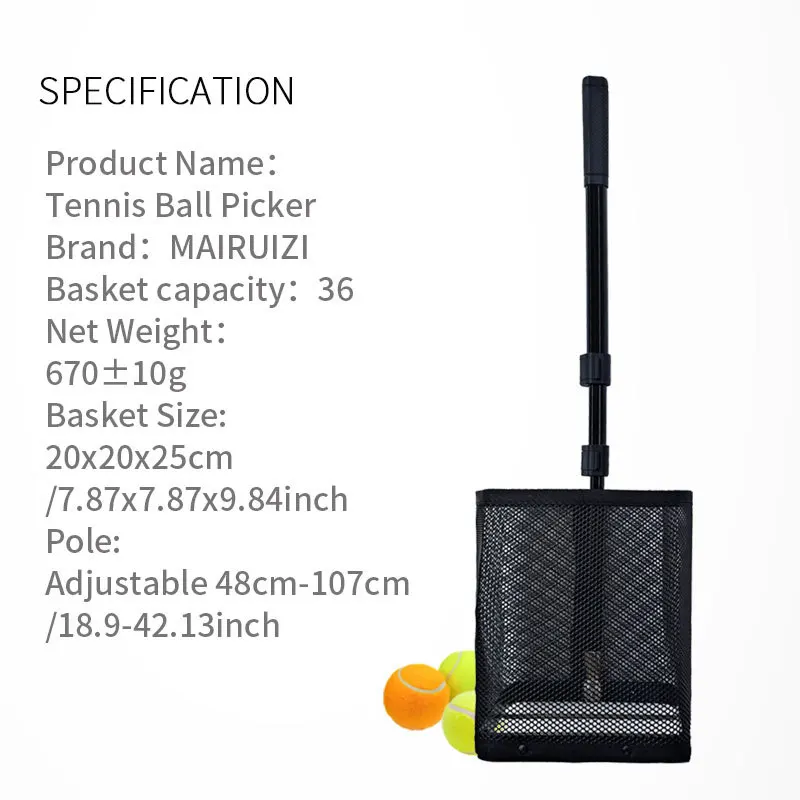 Tennis Ball Hopper, Portable Telescopic Ball Picker,  Net Collector, Adjustable Angle Ball Picker, Removable