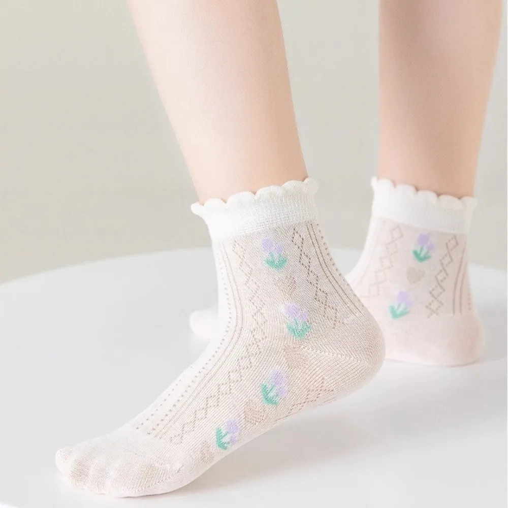 5 Pairs New Cotton Kids Mesh Socks High Resilience Comfortable Children Socks Flower and Bow Breathable Ankle Socks for Summer