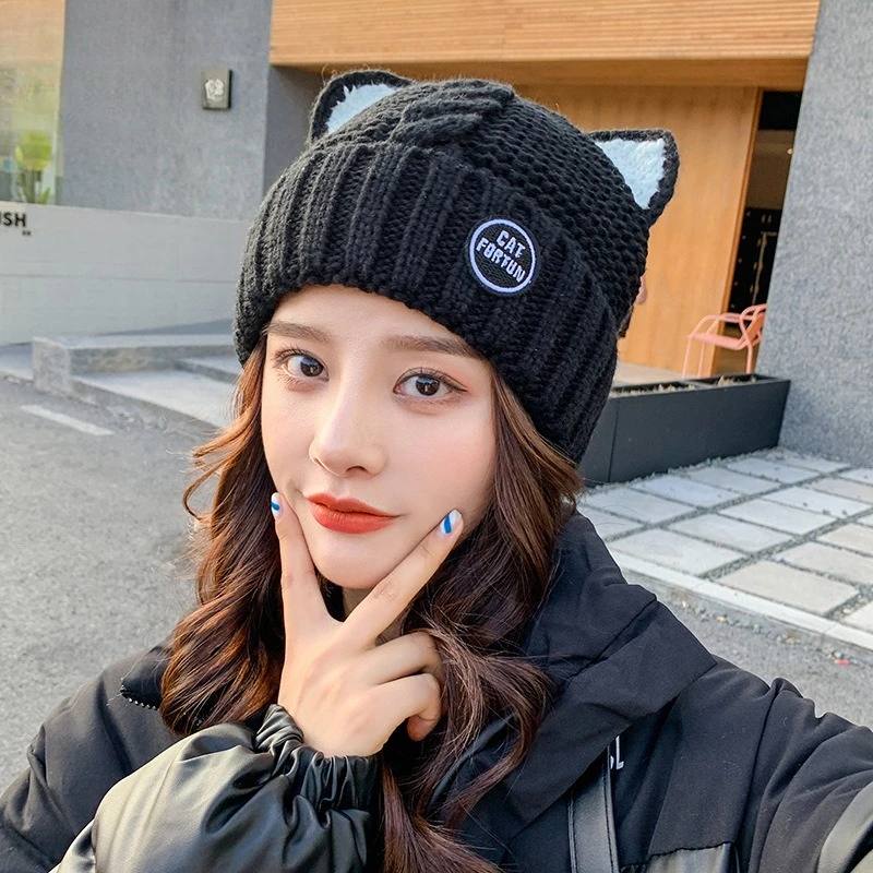 New Winter Hat Female Velvet Cute Cat Ears Wool Hat Fairy Cartoon Age-reducing Versatile Casual Thickened Knitted Hat