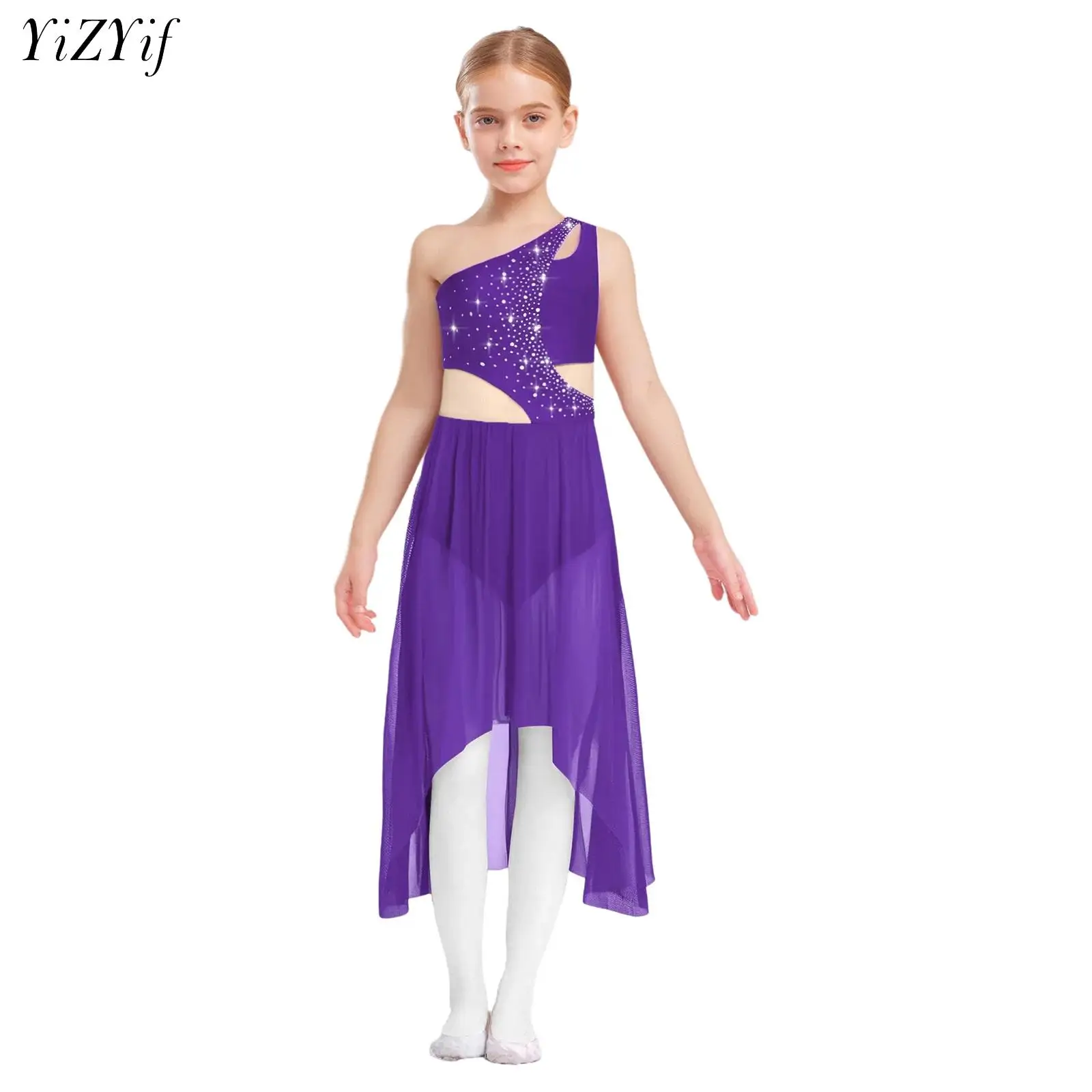

Kids Girl One Shoulder Mesh Lyrical Modern Dance Dress Ballet Costumes Contemporary Dancing Training Performance Maxi Long Dress