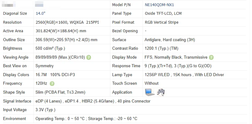 14“ LCD Screen NE140QDM-NX1 for G14 GA402RJ GA402RK WQXGA 2560x1600 120Hz Display Panel 40pins