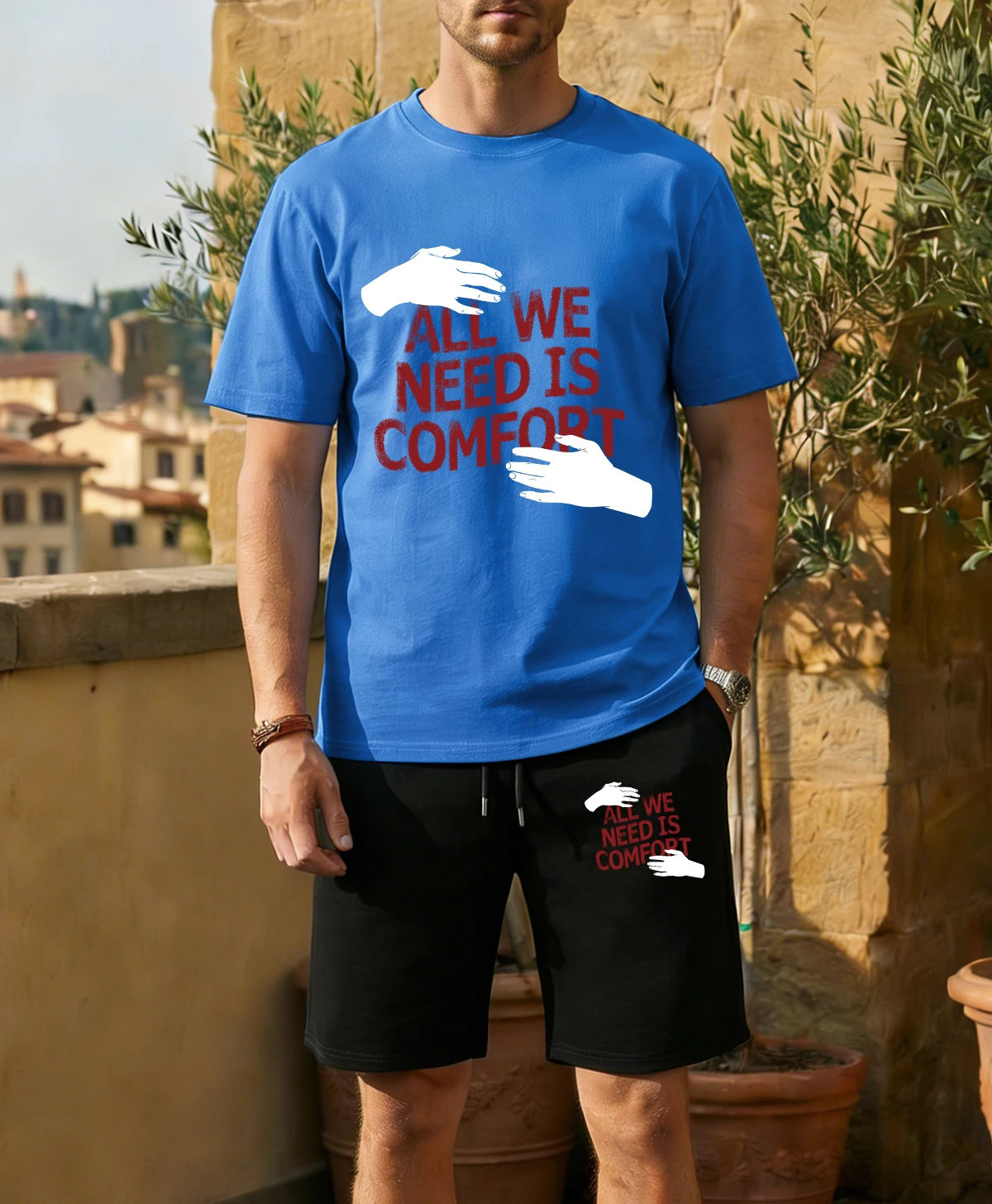 

All We Need Is Comfort Printed Man Sportsuit Cotton O-Neck Summer Clothing Loose Fashion Drawstring Shorts Male All-Match Tee