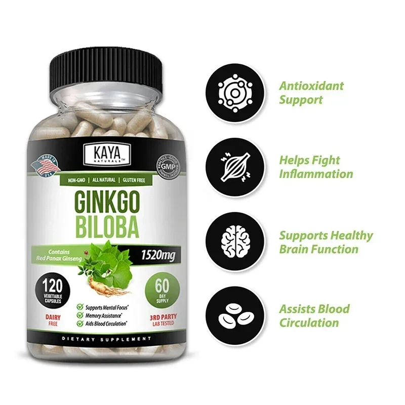 Ginkgo Biloba + Red Ginseng Extract Capsules – for Brain, Antioxidants, Blood Circulation, Mental Focus Memory Health Supplement