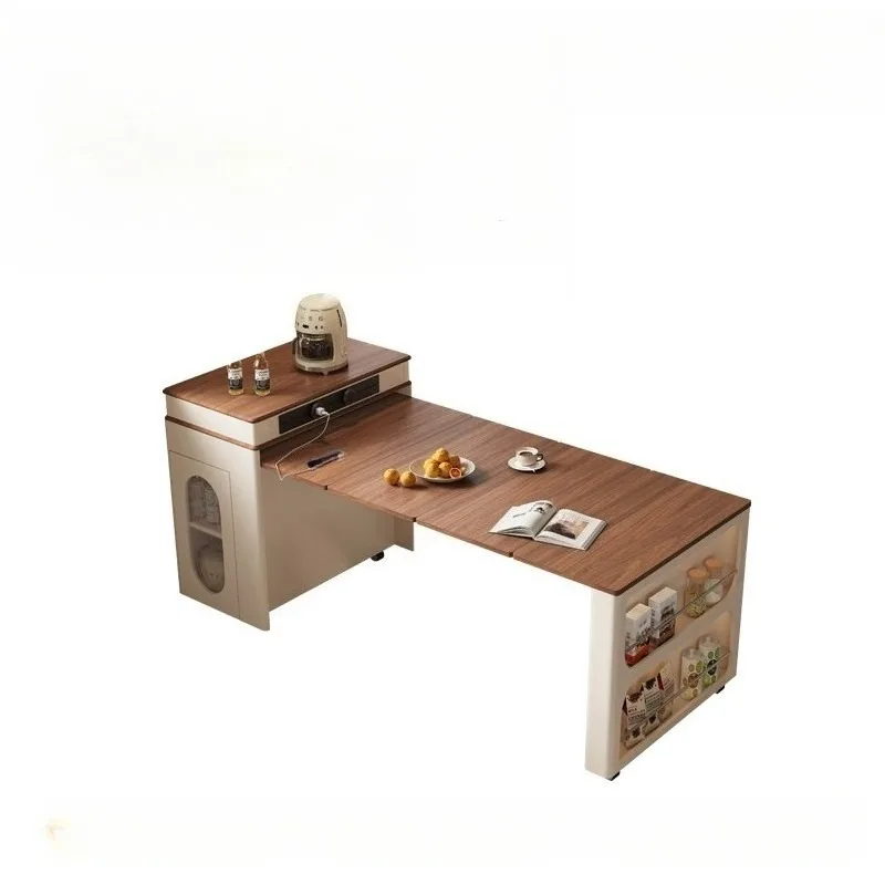 Retractable Combined Island Dining Table, Fold Top Design, Rolling Portable Counter, Multi-scene Home Desk for Meal and Tea Use