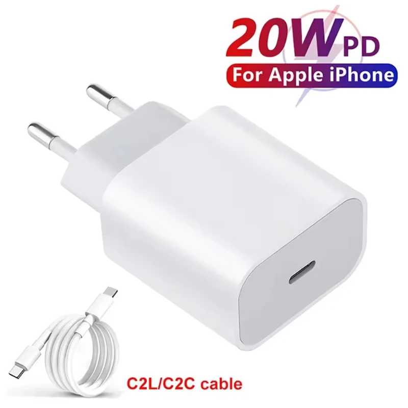 20W USB C Phone Charger PD Type C Cable Fast Charger Mobile Phone Charger for iPhone 15 16 Pro Max iPad Samsung Oppo EU/US Plug