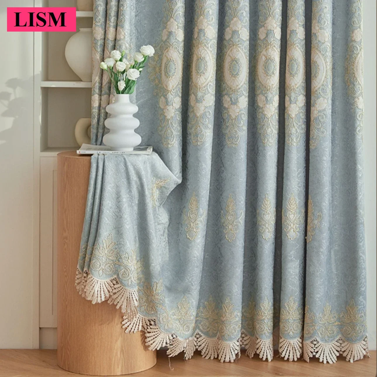 European Chenille Curtains for Living Room Bedroom Window Blue Embroidered Luxury Thicken Blackout Colth Decor Custom Lace Tulle