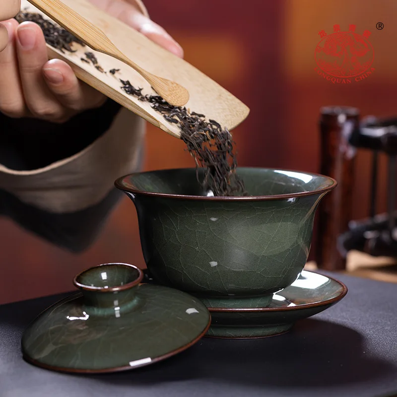 High Quality Celadon Gaiwan Sancai Tea Cup Large Size Enameled Cast Ice Cracked Ceramics Making Handmade Set Single Household