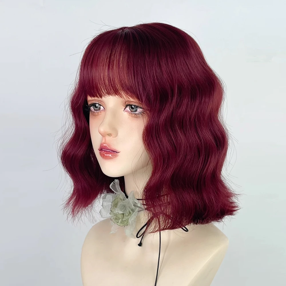 GAKA Synthetic Short Bob Rose Red Women Wavy Wig with Bangs Lolita Cosplay Natural Fluffy Hair Heat Resistant Wig