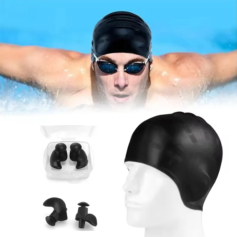 Silicone Swimming Cap + Earplugs Waterproof Soft Earplugs Diving Swimming Cap With Ear Protectors Swimming Pool Accessories