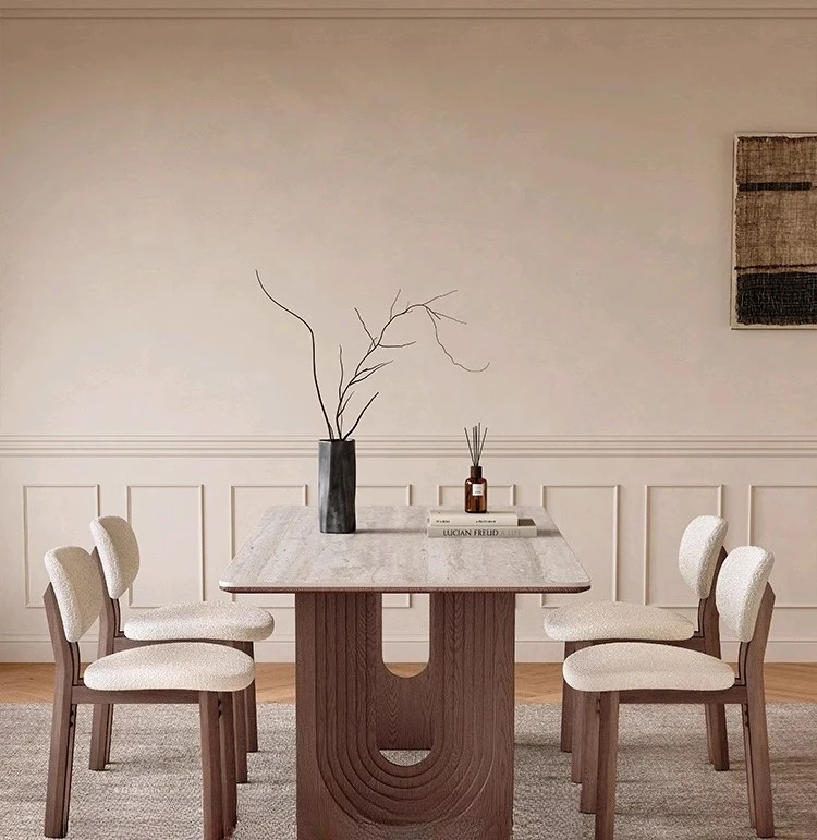 

Solid wood dining table Rectangle modern simple walnut color household medieval wabi sand wind rock slab dining table