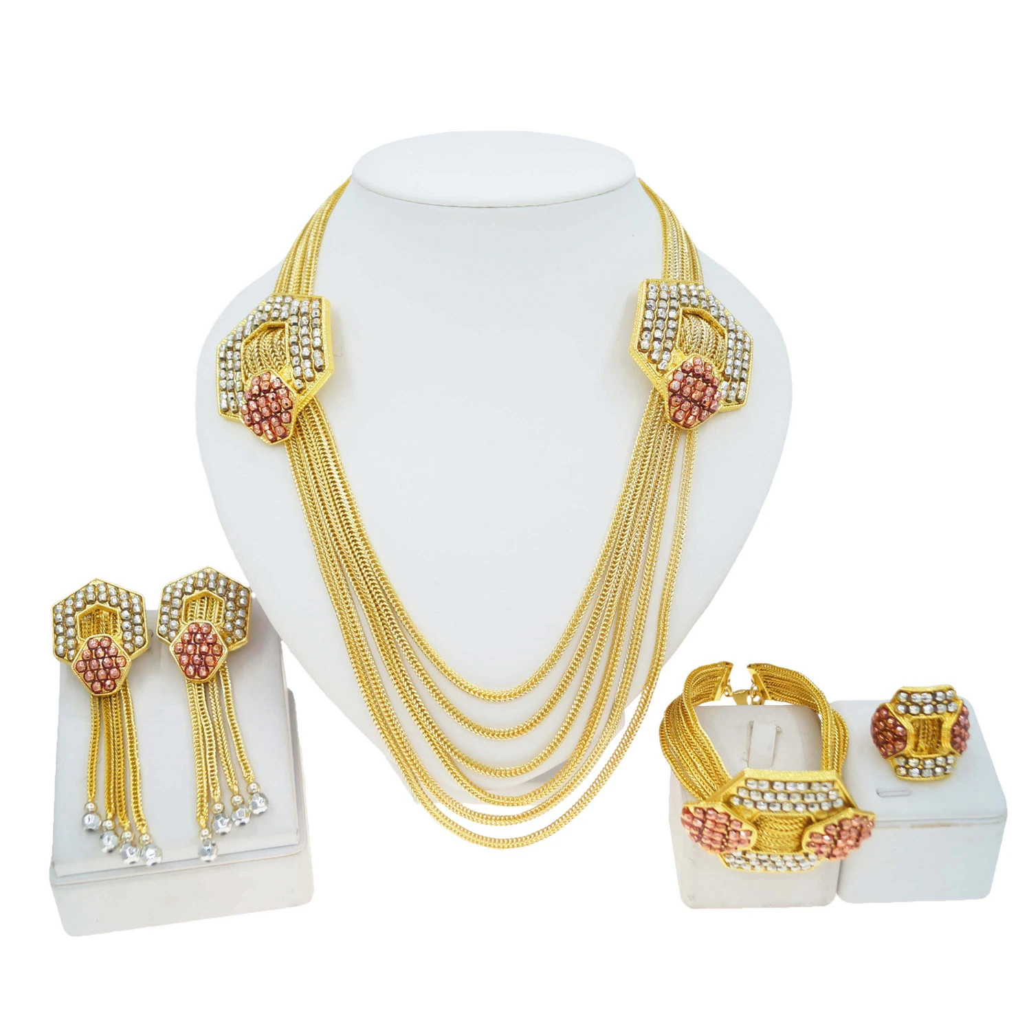 Italian High Quality Fashion Jewelry Set 18K Gold Plated Women Necklace Earrings Ring Party Engagement Gift