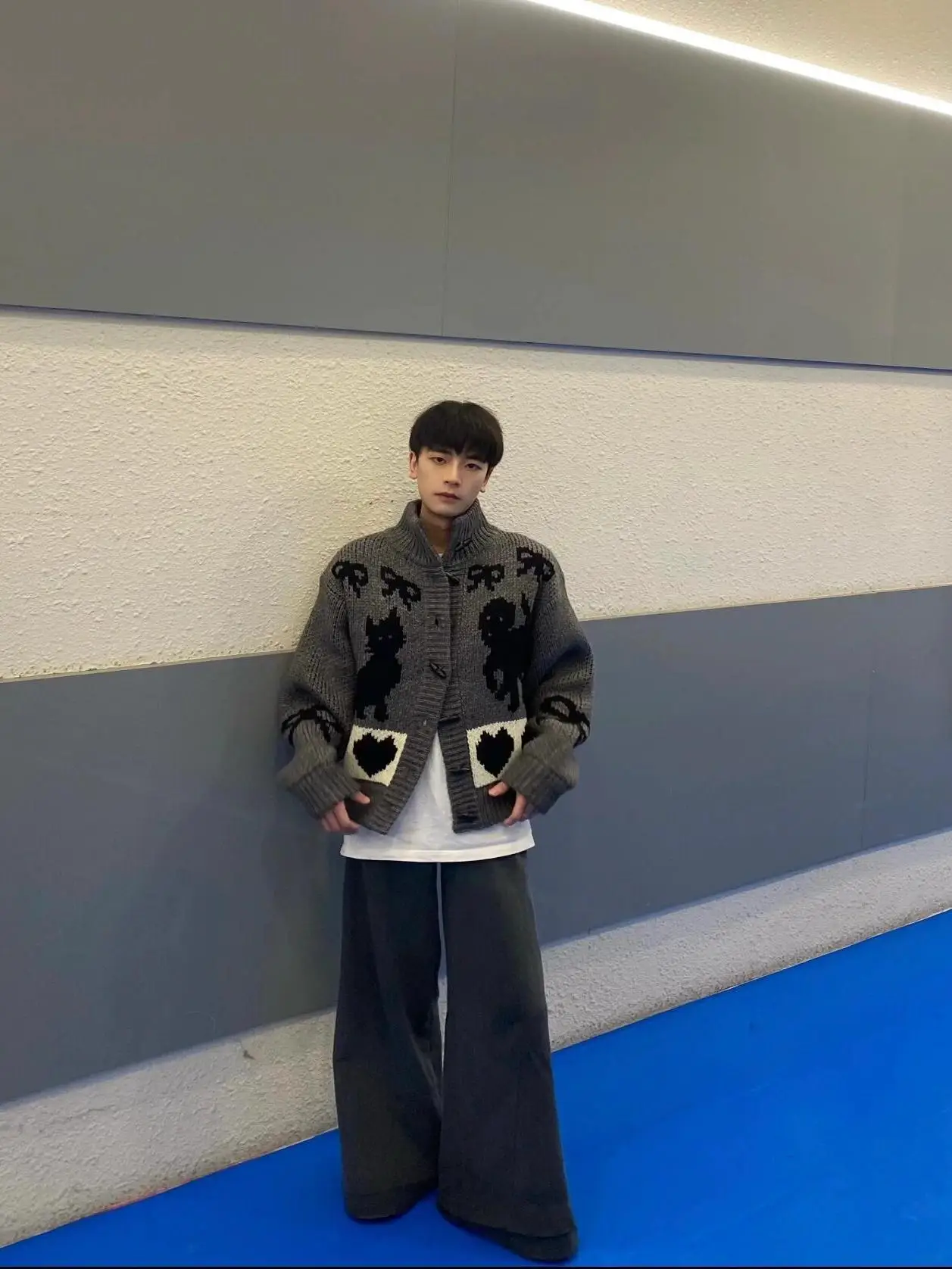 Couples Knitted Sweater Coat High Collar Men's Sle  And Dog Pattern Long Sve Woolen Open Cardigan Korean Sle Loose Fit